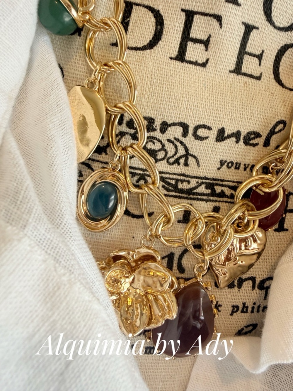 Alquimia Gold Charm Necklace with Green, Brown and Cream Accents - Picture 3 of 6